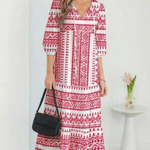 Boho Tied V-Neck 3/4 Sleeve Maxi Dress Red and White